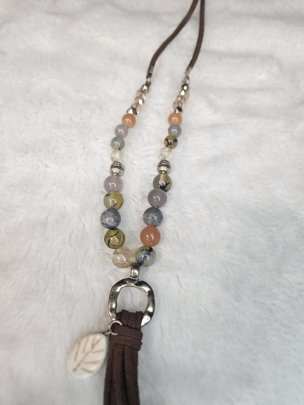 Brown Suede Tassel Necklace with Multicolor Beads - Picture 3 of 3